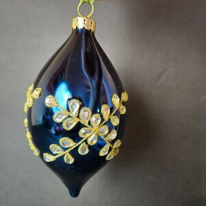 Frontgate Blue Gold Teardrop Glass Ornament 5 Inch Hand Decorated Holiday Decor